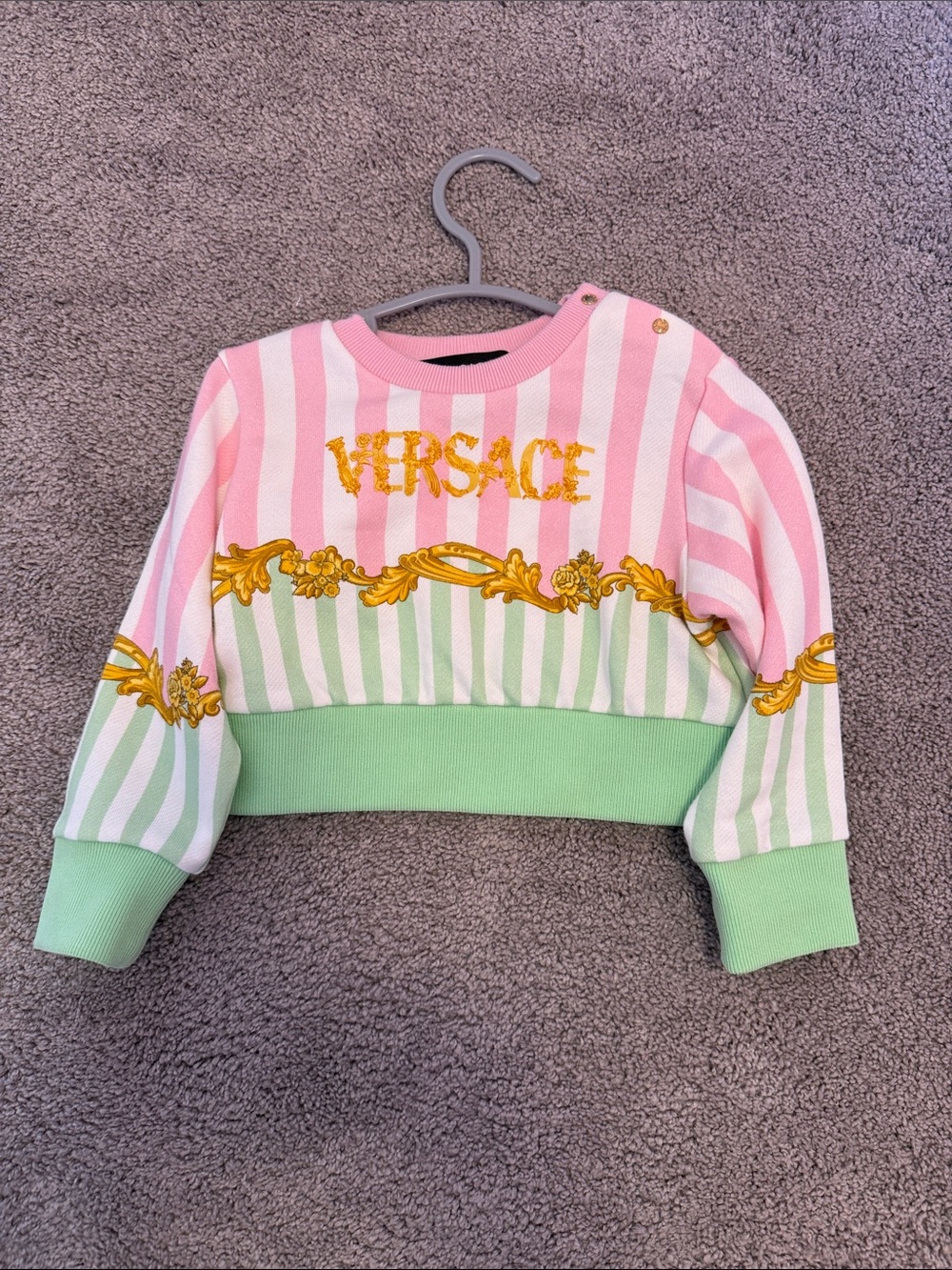 Versace Pink & Green & Gold Striped Logo Cropped Sweatshirt baby size 12 months.
